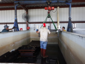 Lowering a new rack for cast iron pieces into place