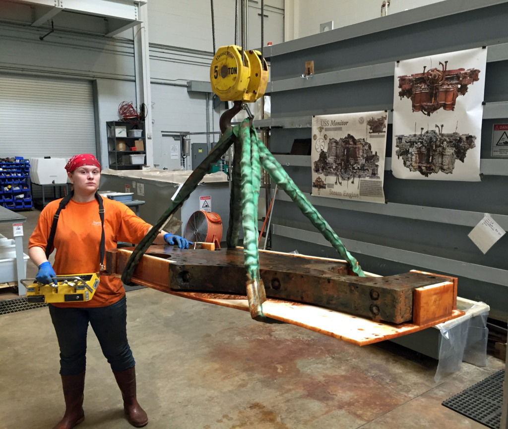 Kate with the oak gun carriage side fully removed from its treatment tank.
