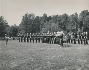Drum & Bugle Corps performing in Harvey Field, Brayton-Perkins Post, 07-21-1957 (1)