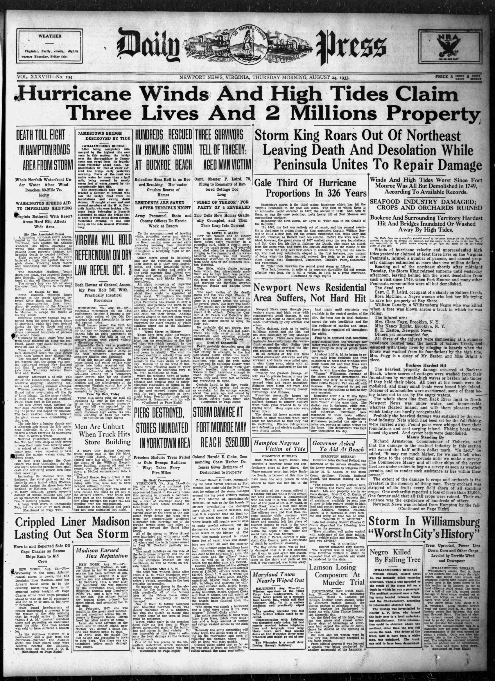 Daily Press Article from August 24, 1933
